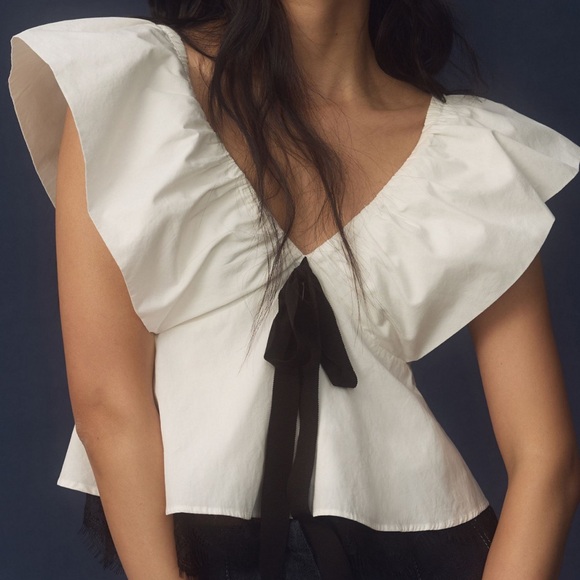 Anthropologie Tops - anthropologie bow ruffle-sleeve babydoll blouse size L, elegant feminine zipper